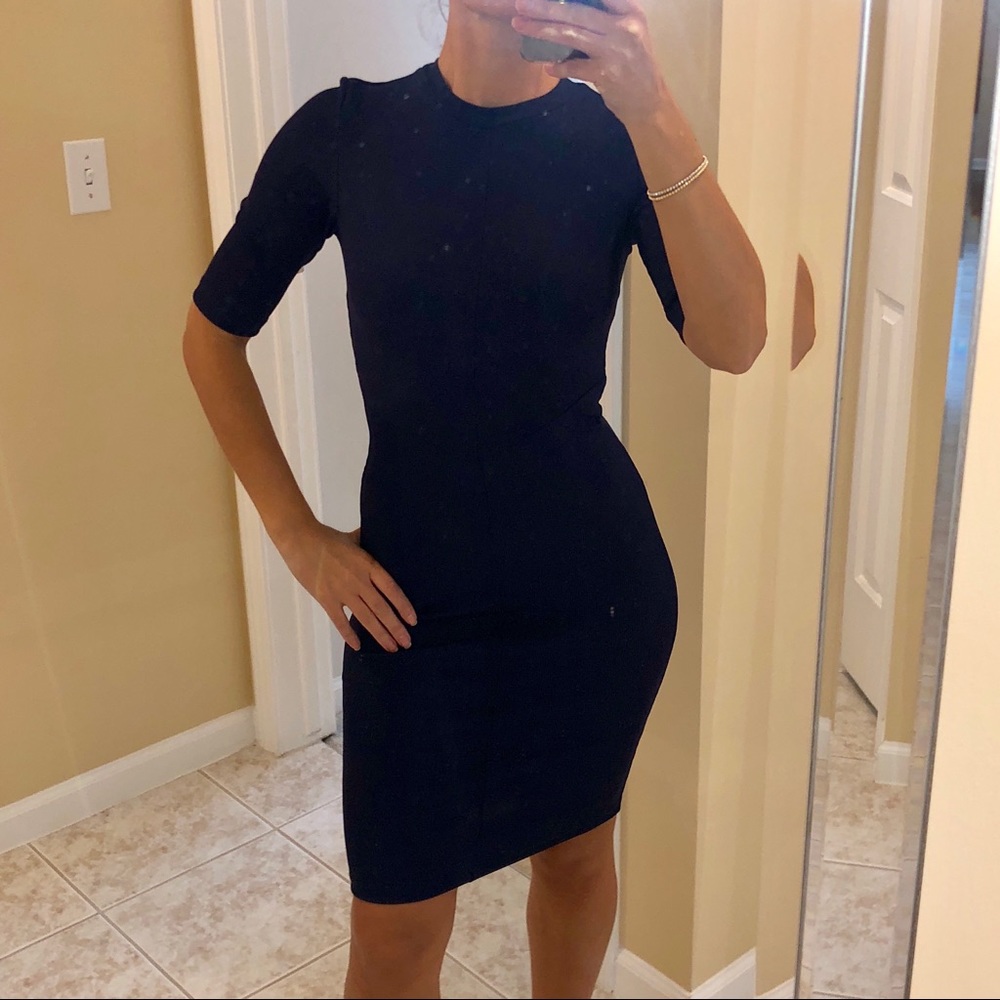 Navy ribbed stretchy mini dress with short sleeves